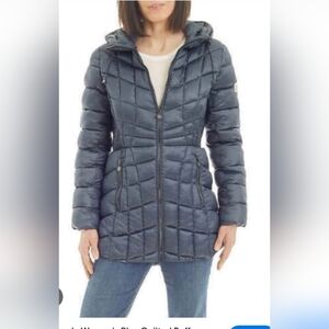 BERNARDO Women's Blue Hooded EcoPlume Packable Quilted Puffer Winter Coat Size L